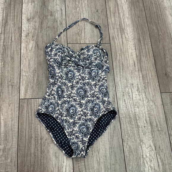 Loft Beach One Piece Swimsuit Blue White Floral Padded Halter Neck Size 4 - Picture 2 of 5